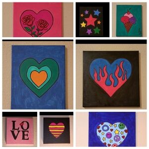 Handpainted Bulk Lot Of 8 Heart And Stars Acrylic Painting On Canvas Signed